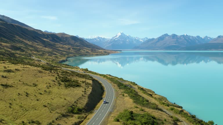 Mount Cook Lake Tekapo, New Zealand tourist driving aerial - Wide 4K