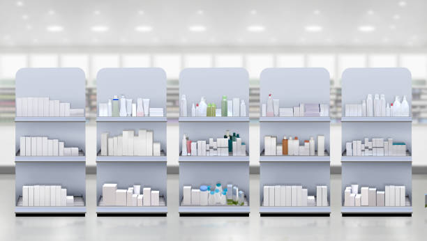 hand cream on shelf pharmacy store interior with point of sale racks - ice shelf imagens e fotografias de stock