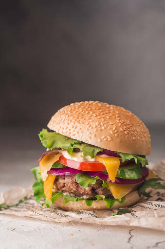 fresh and delicious Burger closeup on wooden background