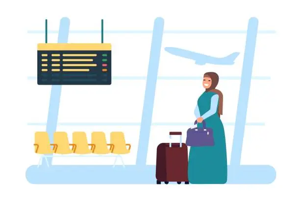 Vector illustration of Muslim Arab woman stands at airport with luggage. Travel by airplane. Female in traditional Islam clothing. Plane transportation. Arabian in hijab waiting plane boarding. Vector concept