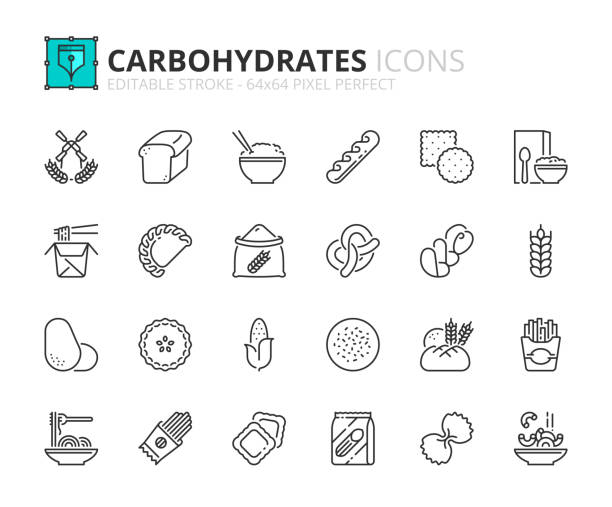 prosty zestaw ikon konspektu o węglowodanach. - carbohydrate stock illustrations