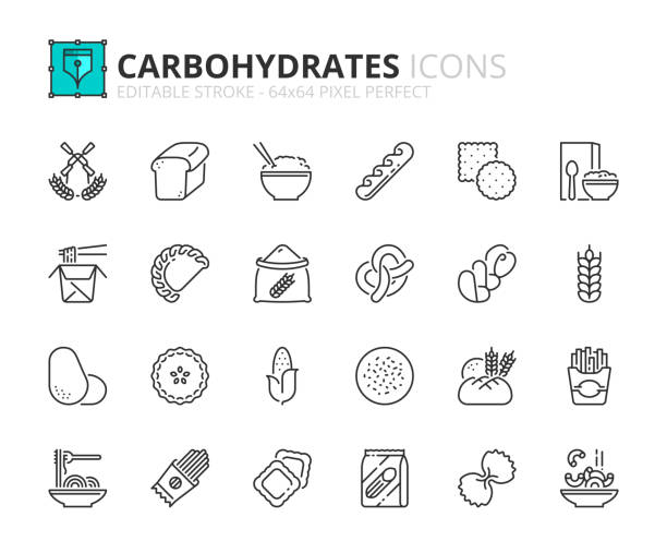 ilustrações, clipart, desenhos animados e ícones de conjunto simples de ícones de contorno sobre carboidratos. - bakery bread carbohydrate cereal plant
