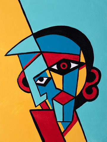 Abstract painting of man versus machine, cubism style artwork. Original acrylic painting on canvas.