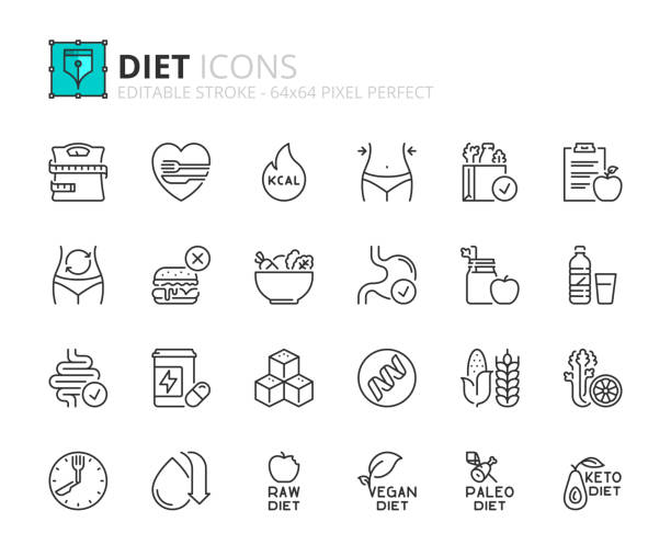 Simple set of outline icons about diet, healthy food. Line icons about diet. Contains such icons as healthy food, fat, protein, vegetables, fruit, carbohydrates, and sugar. Editable stroke Vector 64x64 pixel perfect weight loss stock illustrations