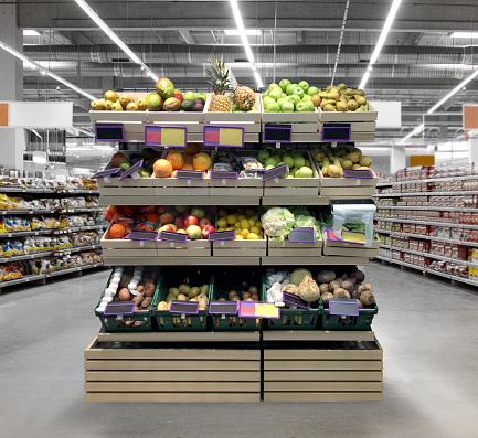 Fresh fruits and veggie at grocery store suitable for supermarket interior design and mockup