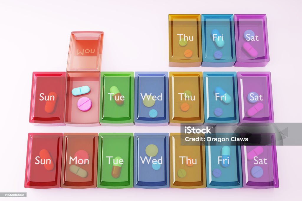 Colorful pill organizer fully filled with medicine, tablets and antibiotics. Illustration of the concept of prescriptions, pharmacies and pharmaceutical industry Box - Container Stock Photo