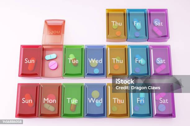 Colorful Pill Organizer Fully Filled With Medicine Tablets And Antibiotics Illustration Of The Concept Of Prescriptions Pharmacies And Pharmaceutical Industry Stock Photo - Download Image Now