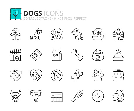Outline icons about dogs. Pets. Contains such icons as vet, health care, supplies, food and insurance. Editable stroke Vector 64x64 pixel perfect