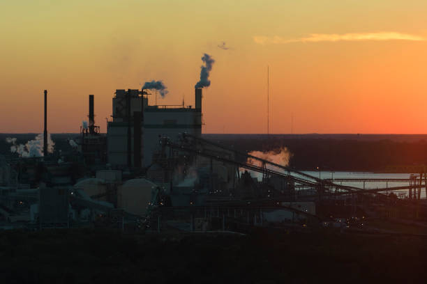 vista aérea da fábrica de processamento de madeira com fumaça do processo de produção poluindo a atmosfera no pátio de fabricação da fábrica. local industrial ao pôr do sol - vapor trail night sky sunset - fotografias e filmes do acervo