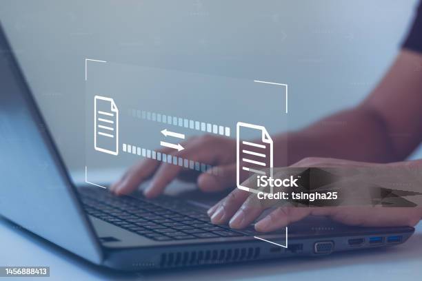 Data Transfer Concept Ftp Files Receiver And Computer Backup Copy File Sharing Isometric Digital System For Transferring Documents And Files Online Businessman Using Laptop Stock Photo - Download Image Now