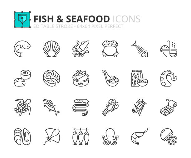ilustraciones, imágenes clip art, dibujos animados e iconos de stock de conjunto simple de iconos de contorno sobre pescados y mariscos - smoked salmon illustrations