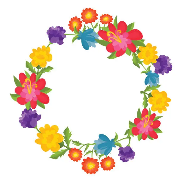 Vector illustration of Funny cartoon flower wreath with chamomile, tulip, rose isolated on white background. Children's style.