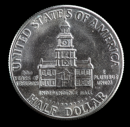 Reverse side of a Kennedy US half dollar, 1976 Bicentennial edition.