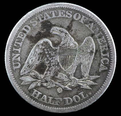 1855 Seated Liberty US silver half dollar. Minted in New Orleans