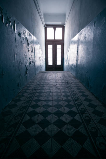 istock Dark empty hallway corridor in an old abandoned 19th century house with interior in modern style with light in the end. 1456890877