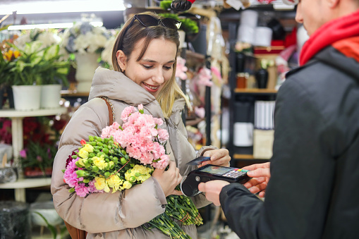 Florist And Woman Buying Flowers, Contactless Payment, Everyday Shopping, Valentine's Day Concept