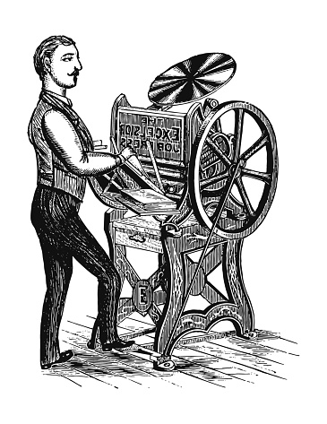 19-th century illustration of a printer operating an old manual letterpress.