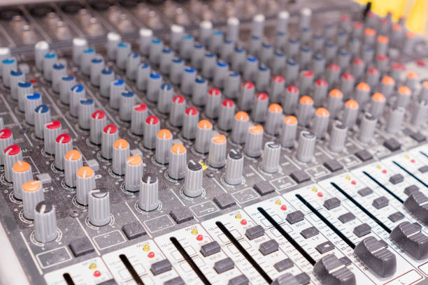 istock Musical instrument mixer focus on background. 1456894296