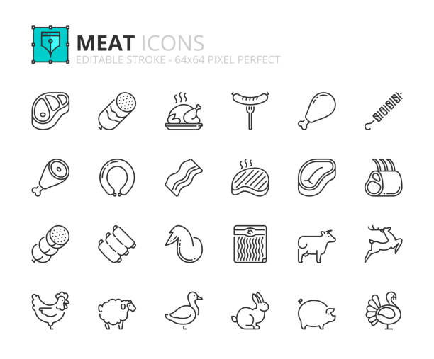고기에 대한 개요 아이콘의 간단한 집합입니다. 음식. - butchers shop butcher meat delicatessen stock illustrations