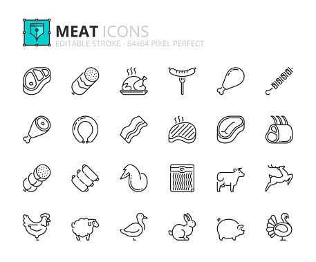 Outline icons about meat. Food. Editable stroke 64x64 pixel perfect.