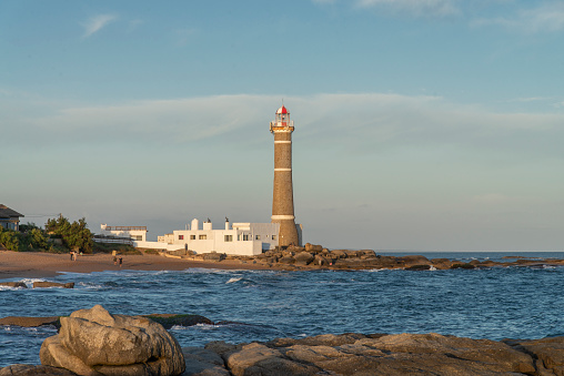 View of a lighthouse at Jose Ignacio town in the Atlantic Ocean coast near Punta del Este city in Uruguay.