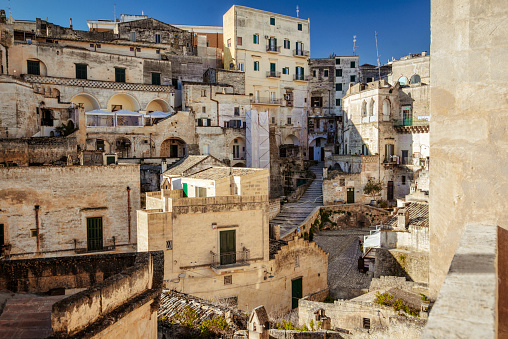 Spectacular morning view on  Matera ancient city in Italy. Hillside complex of cave dwellings dating back thousands of years.