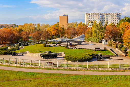Kremenchuk, Ukraine - October 14, 2021: View of exposition of military equipment of the Second World War at autumn in Park of Peace, Kremenchuk, Ukraine