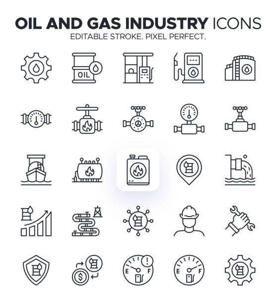illustrazioni stock, clip art, cartoni animati e icone di tendenza di icone dell'industria petrolifera e del gas - simboli di esplorazione, perforazione e raffinazione - oil rig oil industry sea oil