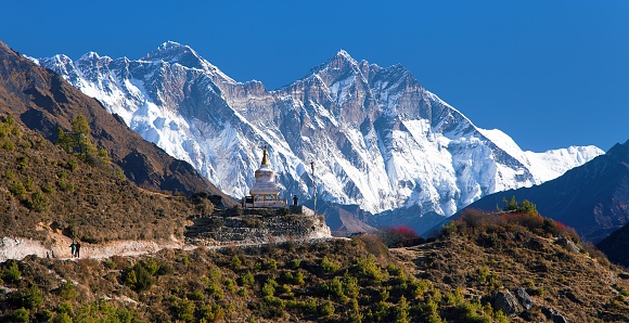 Stupa near Namche Bazar and Mount Everest, Lhotse and Nuptse south rock face - way to Everest base camp - Nepal Himalayas mountains