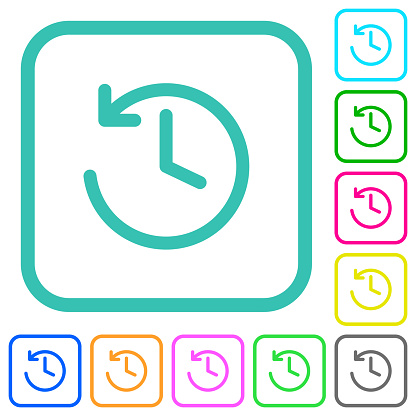 Circle shaped backward arrow and clock vivid colored flat icons in curved borders on white background
