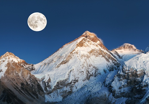 Mount Everest, night view with moon, Nepal Himalaya mountain. Mt. Everest and Nuptse peak from Kala Patthar, Khumbu valley, Sagarmatha national park