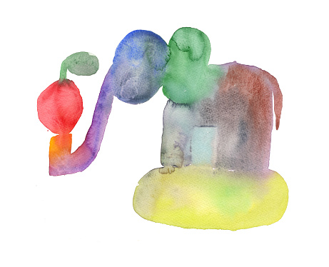 Watercolour painting of an elephant with an apple. Concept of giving.