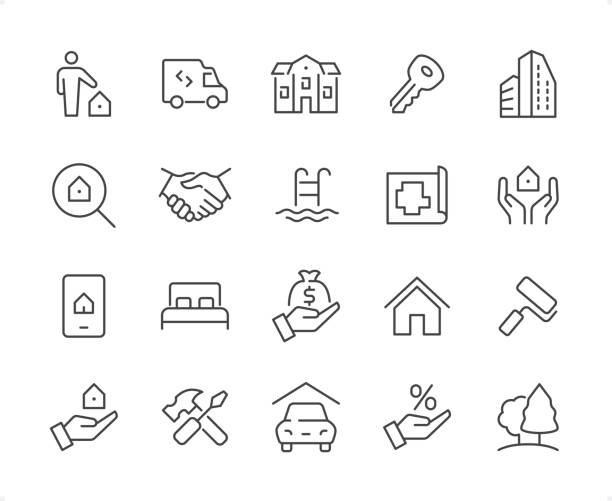 Real Estate icon set. Editable stroke weight. Pixel perfect icons. Real Estate icons set #45

Specification: 20 icons, 64×64 pх, EDITABLE stroke weight! Current stroke 2 px.

Features: Pixel Perfect, Unicolor, Editable weight thin line.

First row of  icons contains:
Real Estate Agent, Pick-up Truck, Mansion, House Key, Skyscraper;

Second row contains: 
Searching House, Handshake, Swimming Pool, Floor Plan, Home Insurance;

Third row contains: 
Real Estate House on Smartphone, Double Bed, Savings, House, Paint Roller; 
         
Fourth row contains: 
Hand holding house, Tools, Garage, Sales, Landscape.

Check out the complete Prolinico collection — https://www.istockphoto.com/collaboration/boards/m2yevS1B7EWOAAxLZcvJhQ financial advisor percentage sign business finance stock illustrations