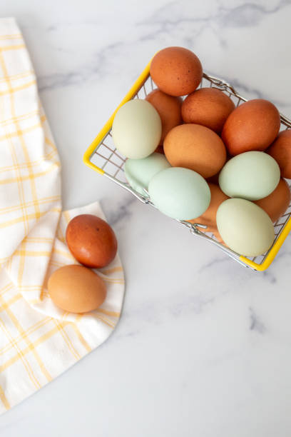 istock Wire Basket of Fresh Brown and Blue Chicken Eggs on White Counter 1456907275