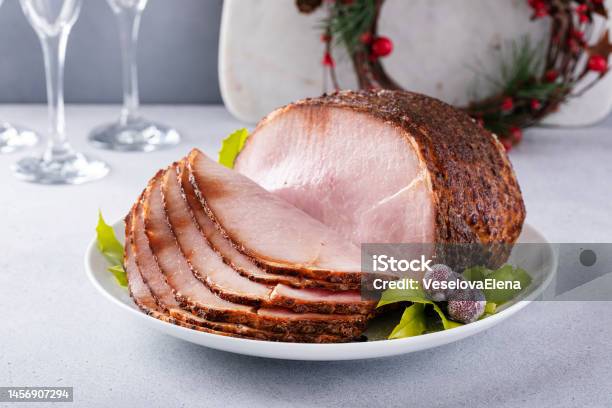 Christmas Ham For Celebration Dinner Spiral Sliced Ham On A Serving Plate Stock Photo - Download Image Now