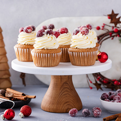 Sugared cranberry spiced cupcakes with cream cheese frosting, Christmas dessert