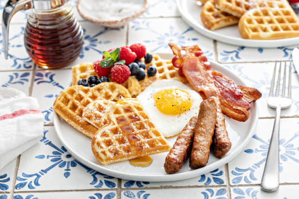 istock Breakfast plate with waffles, fried egg, bacon and sausage 1456907411