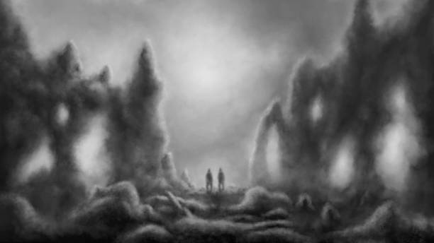 istock Two men stand among stone ruins. Dark silhouette scary illustration. Despair in fog apocalypse. 1456908809