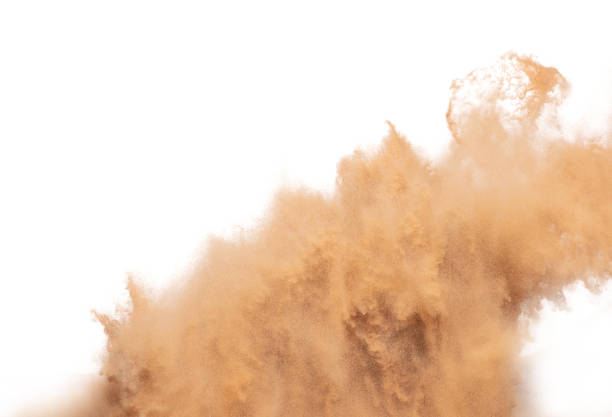 istock Blur Defocus image of Small Fine Sand flying explosion, Golden grain wave explode blow. Abstract sands cloud. Yellow colored sand splash up in Air. White background Isolated high speed shutter freeze 1456910485