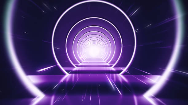 istock 3d render, neon light abstract background, round portal, rings, circles, virtual reality, ultraviolet spectrum, laser show, fashion podium, stage, floor reflection stock photo 1456914376