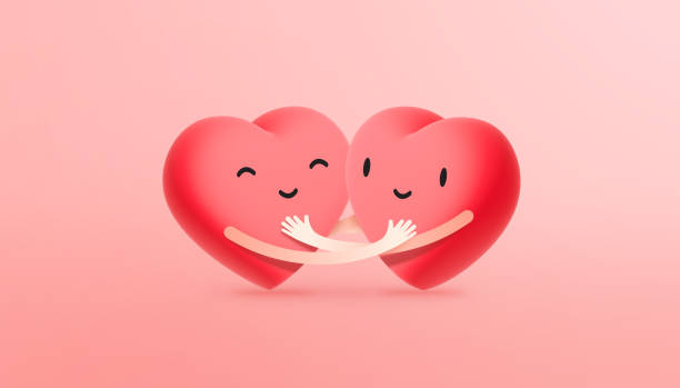 istock Two smile cute hearts and hugging on pink background. 3D illustration. 1456916308