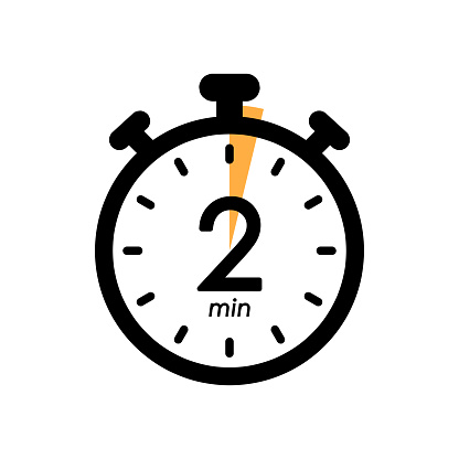 two minute stopwatch icon, timer symbol for product labels, cooking time, cosmetic or chemical application time, 2 min waiting time simple vector illustration