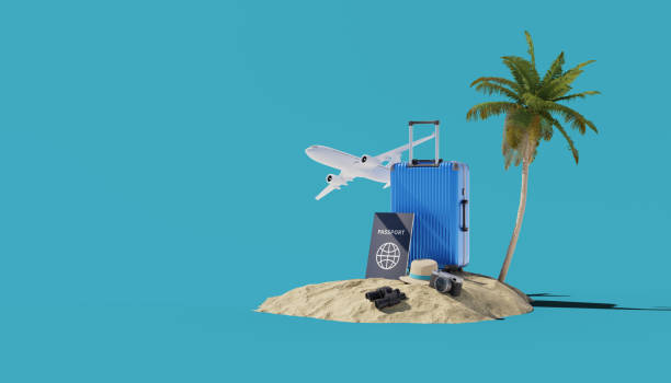 istock travel background with airplane and palm tree, 3d rendering 1456918359
