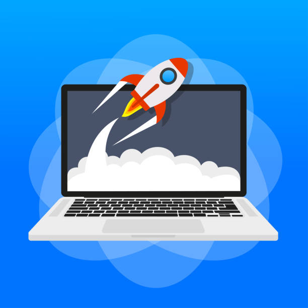 istock Rocket launch from laptop screen. Rocket taking off. Business Start up, Launching new product or service. Successful start-up launch new business project. Creative or innovative idea. Rocket launch. Vector illustration 1456923958