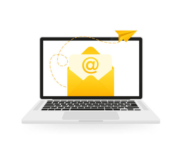 Email mail on a laptop with mail envelope. Computer and document on screen. Email concept. Vector illustration Email mail on a laptop with mail envelope. Computer and document on screen. Email concept. Vector illustration laptop target stock illustrations