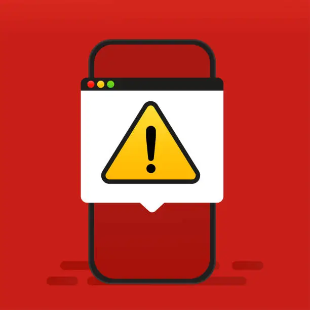 Vector illustration of Warning sign on the phone. Telephone notification, danger exclamation mark. Vector illustration