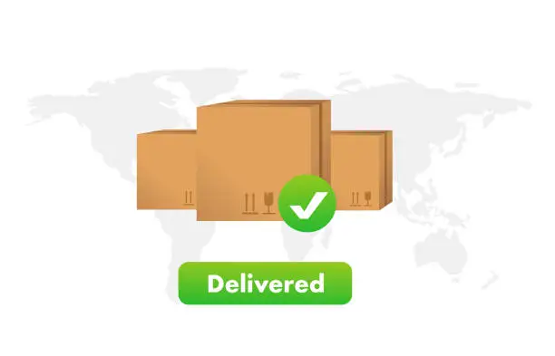 Vector illustration of Delivery button with a box on the background of a world map of parcels with a check mark. Vector illustration