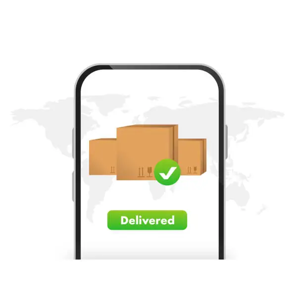 Vector illustration of Delivery button with a box on the background of the world map of the parcel with a check mark on the phone. Vector illustration