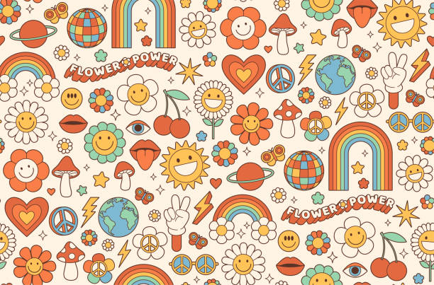 groovy hippie 1970er jahre hintergrund. lustige zeichentrickblume, regenbogen, frieden, liebe, herz, gänseblümchen, pilz. - psychedelic funky yellow orange stock-grafiken, -clipart, -cartoons und -symbole