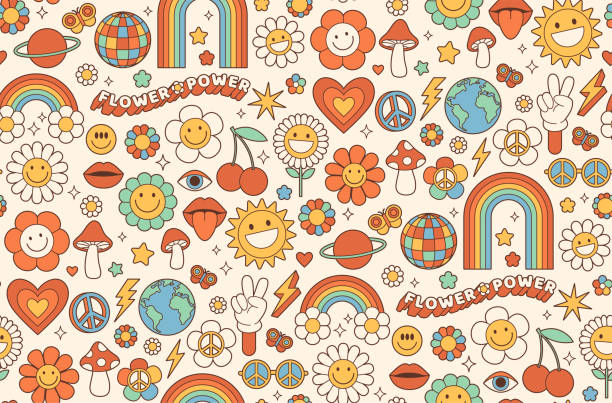 groovy hippie tło lat 1970. śmieszny rysunek kwiat, tęcza, pokój, miłość, serce, stokrotka, grzyb. - 1960s style 1970s style flower backgrounds stock illustrations